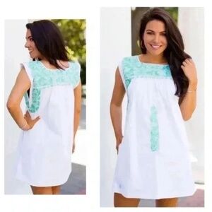 Jmarie Hand-Embroidered Shift Dress - White & Green, Size L, with Pockets